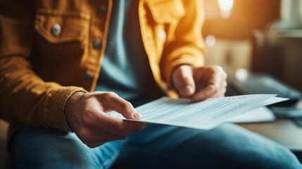 Obraz premium Caucasian male adult reading important document in casual setting