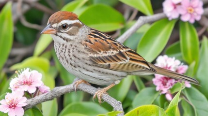 Chipping sparrow perched on branch with pink flowers in natural habitat