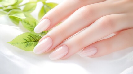 Naklejka premium Elegant manicured female hand with soft pink nails and green leaves