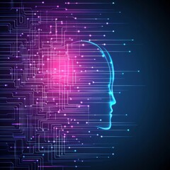 Futuristic ai concept with digital circuit and human head outline in neon colors