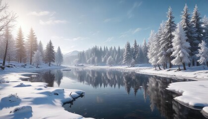 Snowy landscape with frozen lake and snow-covered trees on Christmas Day, cold weather, frozen lake