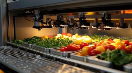 Close-up of AI-driven food sorting machine separating fresh produce by quality.