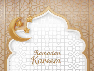 Ramadan Kareem vector card with 3d golden metal crescent and stars. Arabic style arch in beige color with traditional pattern. Copy space.
