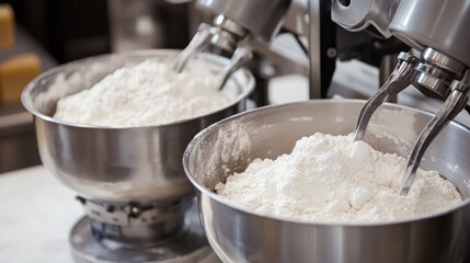 Close-up of industrial-sized mixers blending ingredients for mass production.
