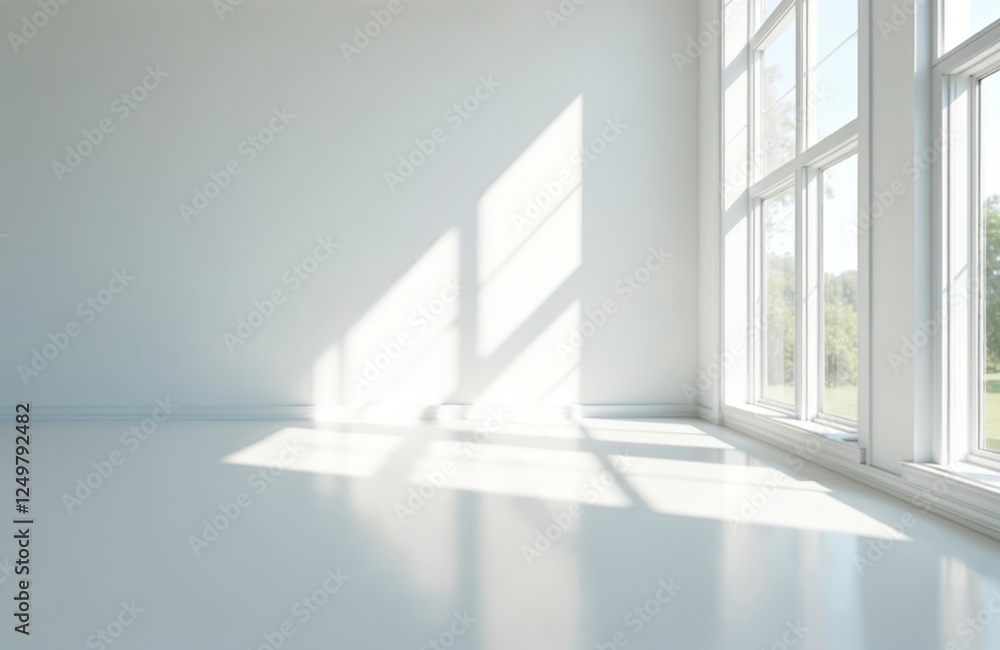 Poster bright sunlight streams through large window in empty white room. natural light creates interesting 