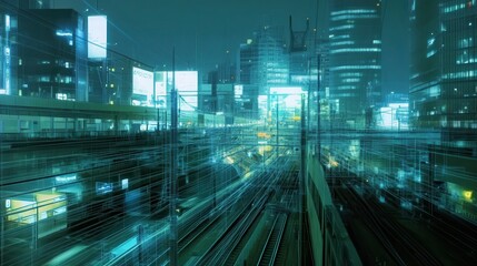 Fototapeta premium Nighttime cityscape with illuminated buildings and train tracks, showcasing vibrant urban life