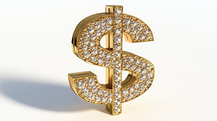 Gold Dollar Sign Encrusted With Diamonds On White