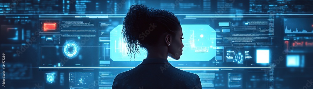 Poster exploring data analytics innovations tech hub digital art futuristic environment back view empowerme