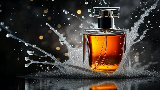 Light reflections and water droplets surround a stunning bottle of perfume in a dark setting