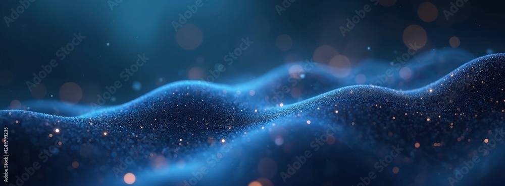 Aufkleber abstract dark blue futuristic background with glowing particles. wavy patterns create surfaces, geom