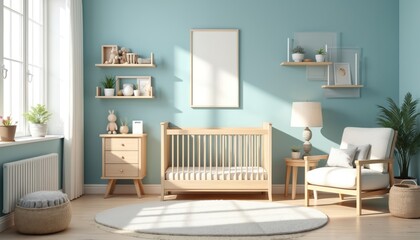 Fototapeta premium Cozy kids bedroom features natural light blue walls, wooden furniture. Warm family style nursery room. Natural light fills room. Wooden crib, armchair centerpieces. Small wooden side table with lamp,