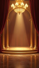 Grand golden stage with luxurious red curtains, tall golden columns. Large crystal chandelier shines brightly above stage. Marble floor reflects golden light. Perfect for ceremony presentation.