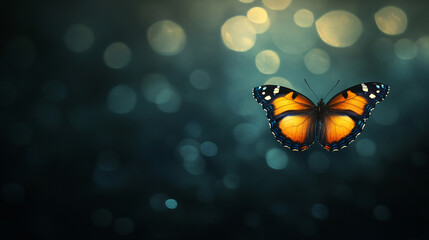 Fototapeta premium vibrant butterfly perched on a dark surface, its bright colors contrasting the blank space beside it, symbolizing transformation, beauty, and the delicate balance of nature
