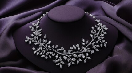 Fototapeta premium Fine diamond necklace with a nature-inspired leaf pattern, elegantly draped on a silk cushion.