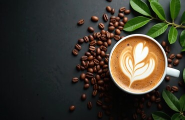 Cappuccino with latte art on dark background with coffee beans, green leaves. Festive design for International Coffee Day. Hot drink with beautiful foam pattern. Perfect for cafes coffee shops. Ideal