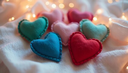 Obraz premium Heart Shaped Decorations on White Fabric with Warm Glowing Lights