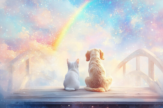 Dog and Cat Sitting on Bridge Heaven Under Rainbow. Afterlife, Loss of Pet Concept 
