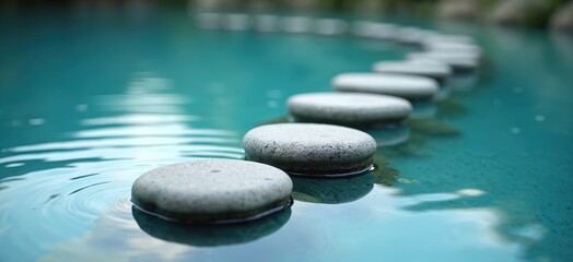Tranquil blue water with smooth stones forming path. Peaceful scene for relaxation, meditation. Zen garden concept. Serene atmosphere evokes calm, harmony. Ideal for wellness retreats spa therapy.