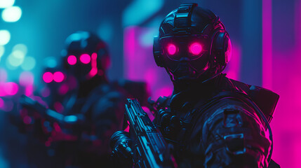 Naklejka premium Futuristic soldiers with glowing eyes and weapons in a sci-fi atmosphere. Warring Factions & Rivalries. Illustration