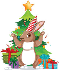 Fototapeta premium Christmas Bunny with Gifts and Tree