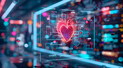 Fototapeta premium Digital Heartbeat: A glowing red heart pulsates within a futuristic digital landscape, surrounded by abstract lines and patterns, symbolizing the connection and vitality of modern technology. 