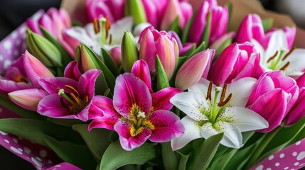 Obraz premium A collection of vibrant tulips and lilies wrapped in a festive Valentine's Day-themed paper.