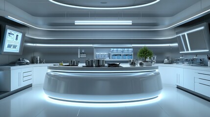 Futuristic smart kitchen with robotic cooking systems in a commercial setting.