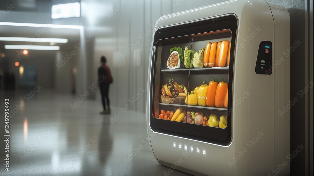Aufkleber futuristic vending machine with touch screen and robotic food preparation system.