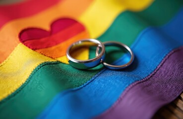 Two wedding rings rest on rainbow flag LGBT pride, marriage equality. Heart embroidered on flag. Photo captures symbol of love, acceptance. Image highlights concept of homosexual marriage, equal