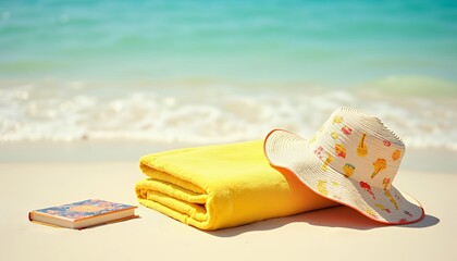 Beach Relaxation with Yellow Towel, Hat, and Book by Ocean