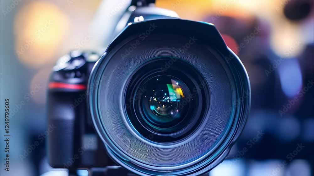 Poster a close-up of a camera with a large lens, showcasing its intricate design and focus on the lens itse