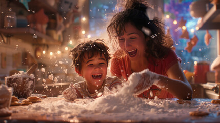 Obraz premium Flour Power Fun: Pure joy and laughter erupt as a mother and her son playfully toss flour in the air during a festive baking session.