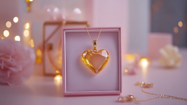 Golden heart pendant resting on a pink jewelry box with soft, elegant lighting.