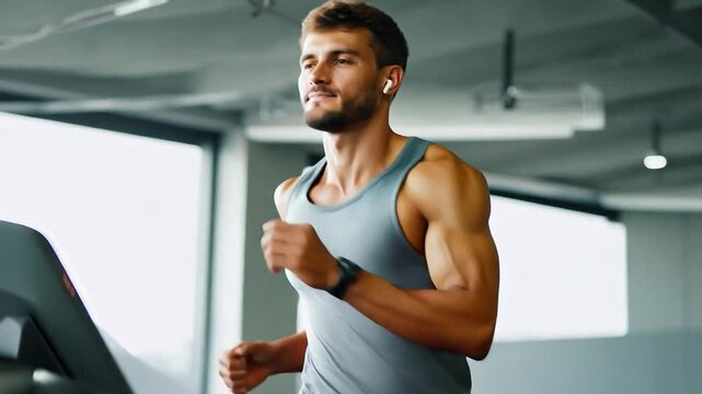 Young man jogging on a treadmill while wearing wireless earbuds in a modern gym. Fitness and active lifestyle concept. Design for health-related banners, posters, and promotional materials