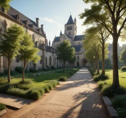 Obraz premium Panoramic shot of Cluny Abbey's grounds with a tranquil atmosphere and walking paths, Burgundy region , greenery