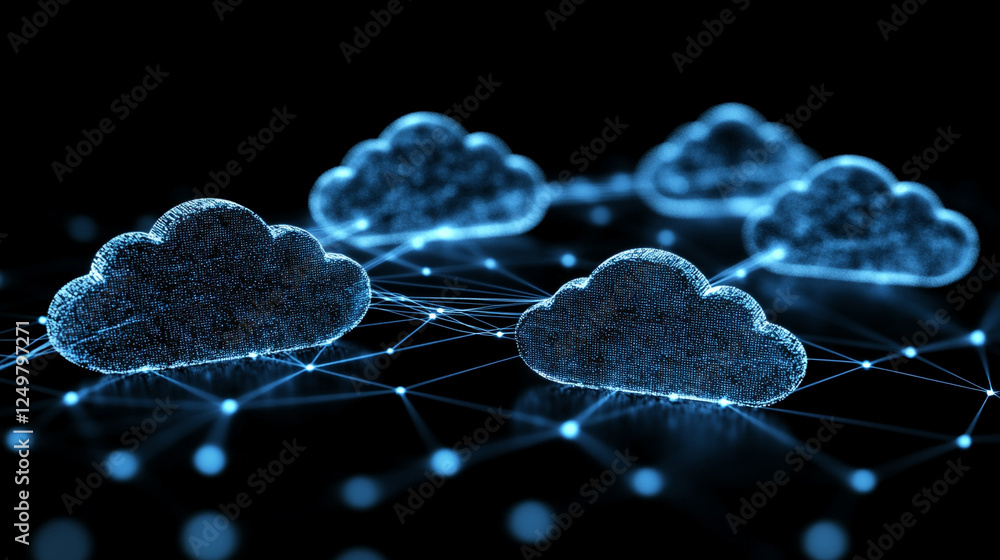 Poster multicloud management, showcasing ai orchestration across diverse cloud environments in a modern, br