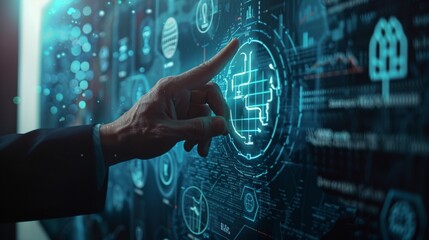 hand pushing button on a touch screen interface