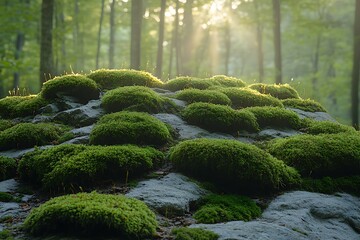 Sunlit Moss Covered Rocks in a Serene Forest Setting