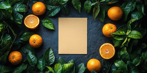 Blank paper on dark grey table with fresh oranges and leaves