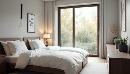 Fototapeta premium Modern Bedroom with Natural Light and Minimalist Interior Design Style