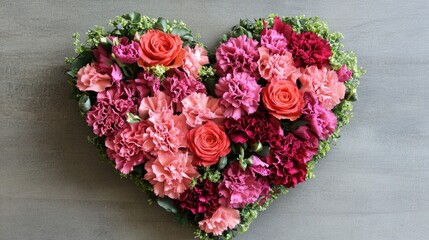 Heart-shaped floral arrangement of mixed roses and carnations in shades of pink and red.