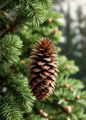 Pine cone on Christmas tree with soft focus background , rustic charm, evergreen