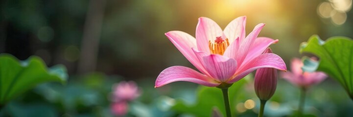 Fototapeta premium Pink lily blooms swaying gently in the soft light, light, gentle, soft