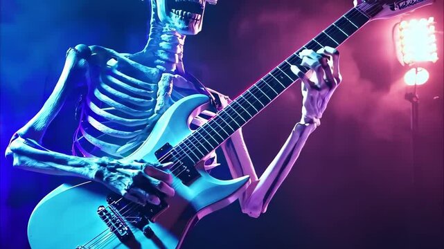 A skeleton playing an electric guitar against a colorful, smoky background.