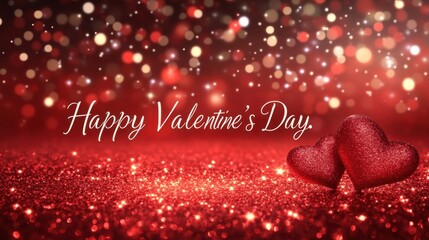 A glittering red and silver background with elegant script reading Happy Valentine's Day.