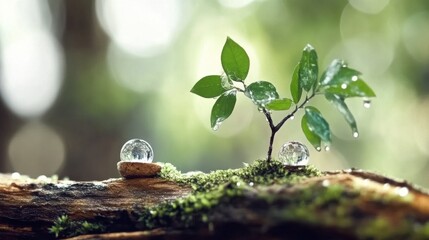 Fototapeta premium A serene depiction of a green plant with glistening water droplets, symbolizing growth, vitality, and the beauty of nature captured in exquisite detail.