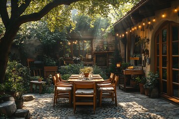 Fototapeta premium A cozy and charming outdoor dining area in a garden.