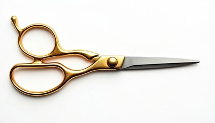Sharp metal scissors with gold handles isolated against white background. Pro tool for cutting. High quality craftsmanship. Suitable for hairdressing tailoring. Scissors symmetrical design. Single