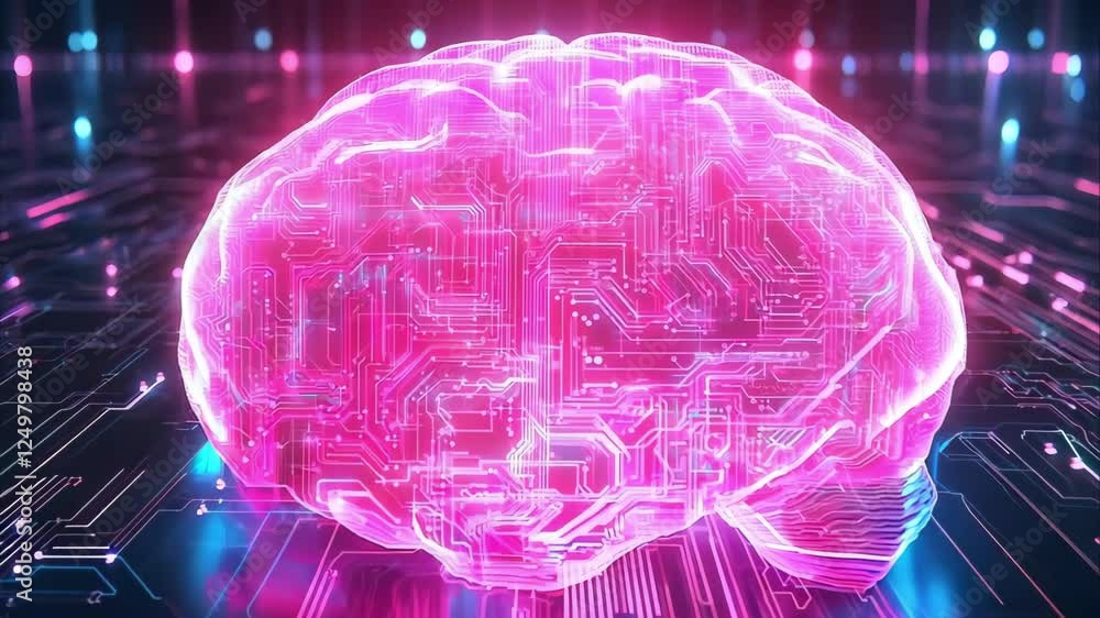 Poster a glowing pink brain with circuit-like patterns, set against a futuristic digital background with co