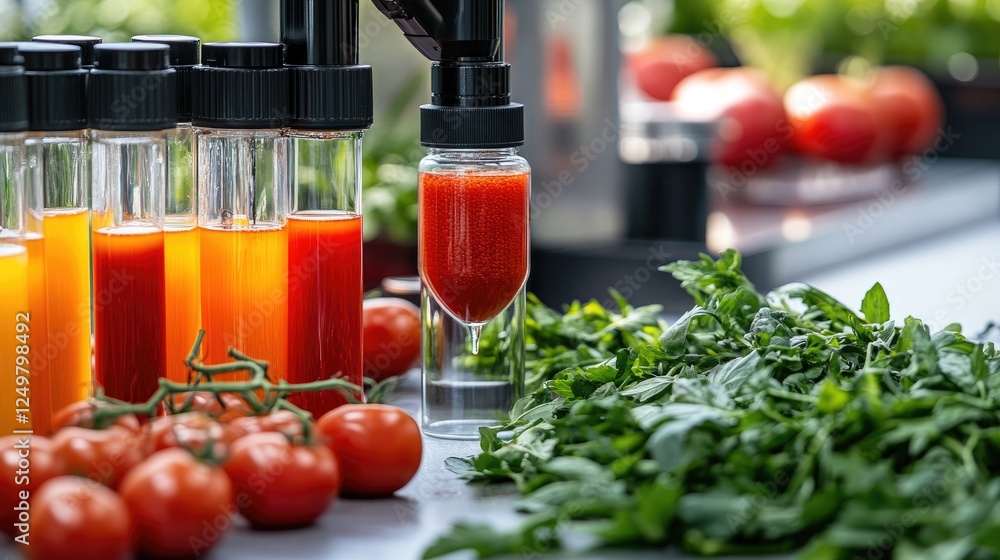 Poster high-tech laboratory with advanced equipment analyzing food samples for quality testing.
